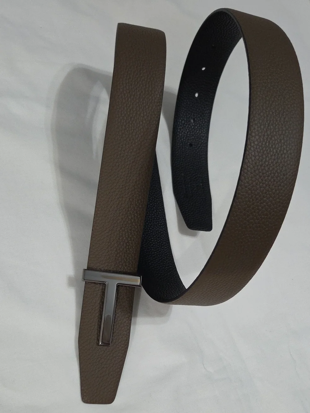 Tom Ford Black Brown Leather Belt with Black Chrome T Buckle